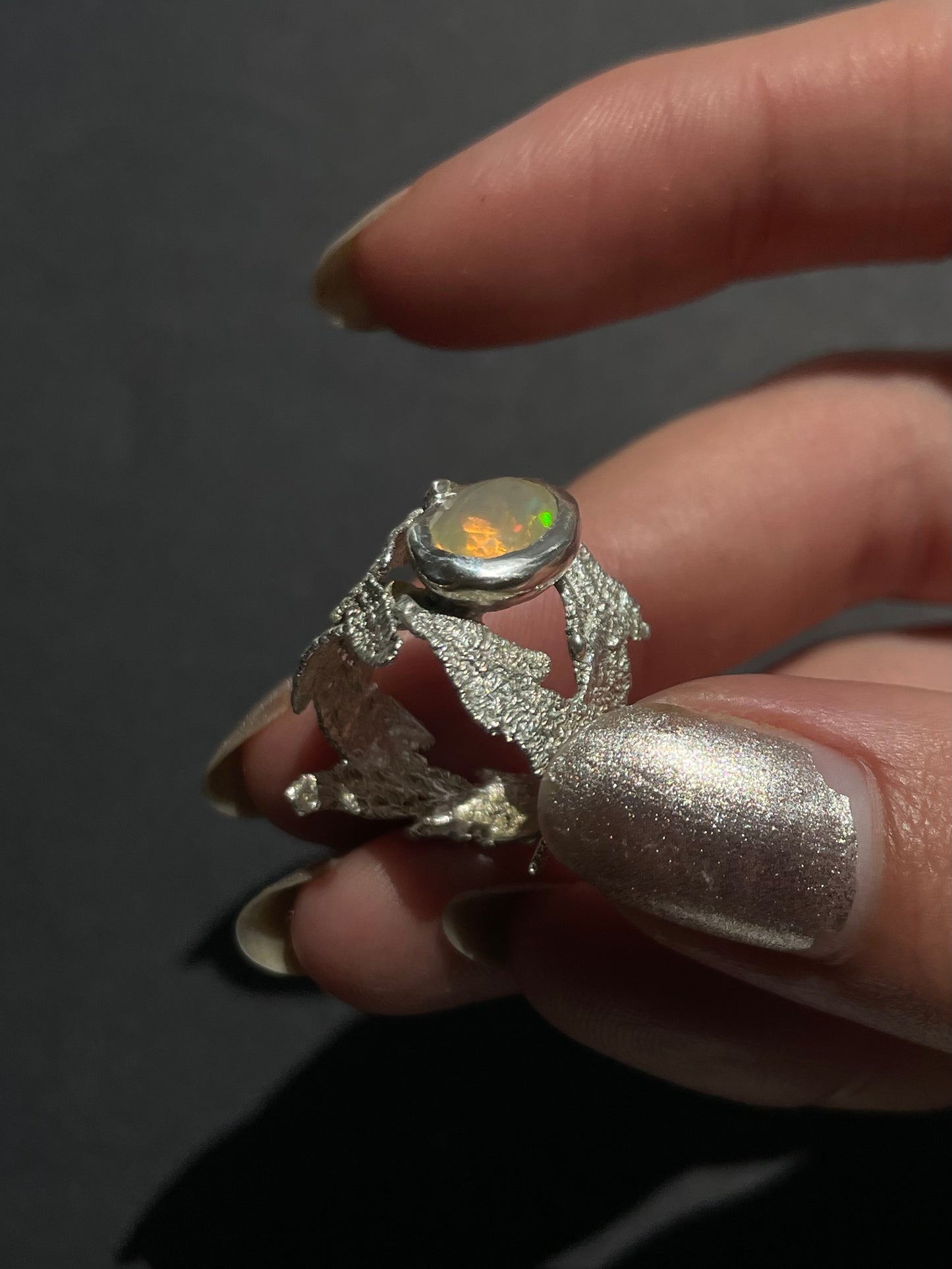 Opal leaf lace ring