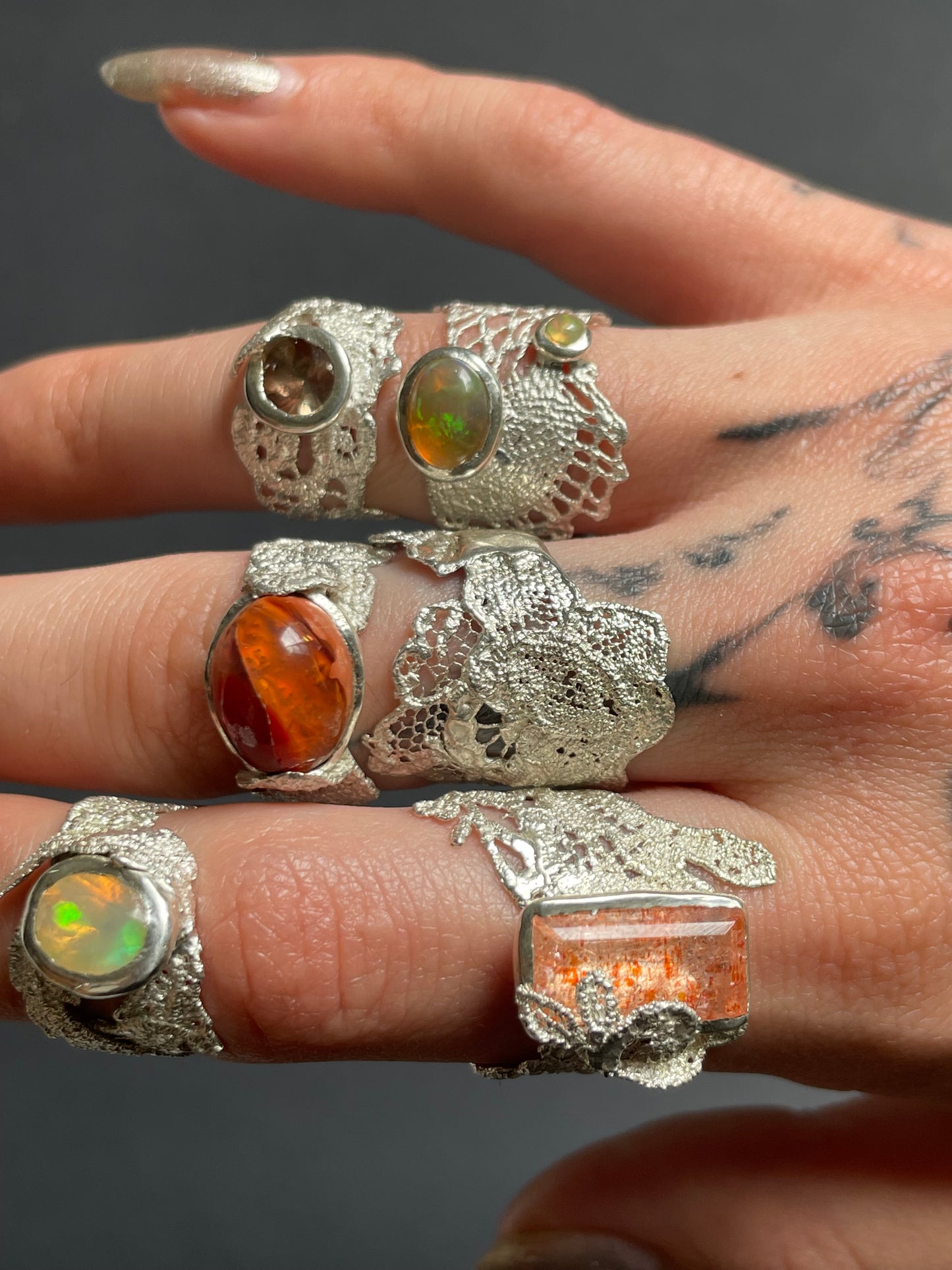 Opal leaf lace ring