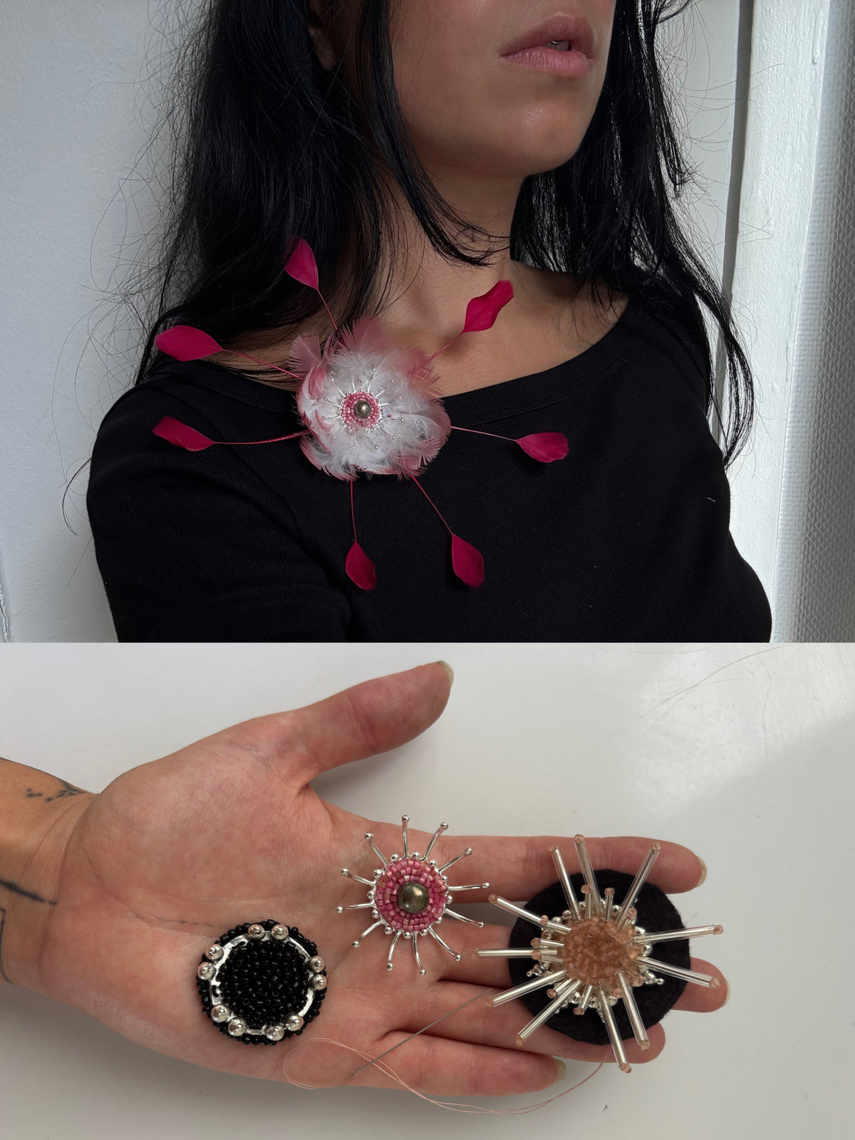 Pink feathers brooch